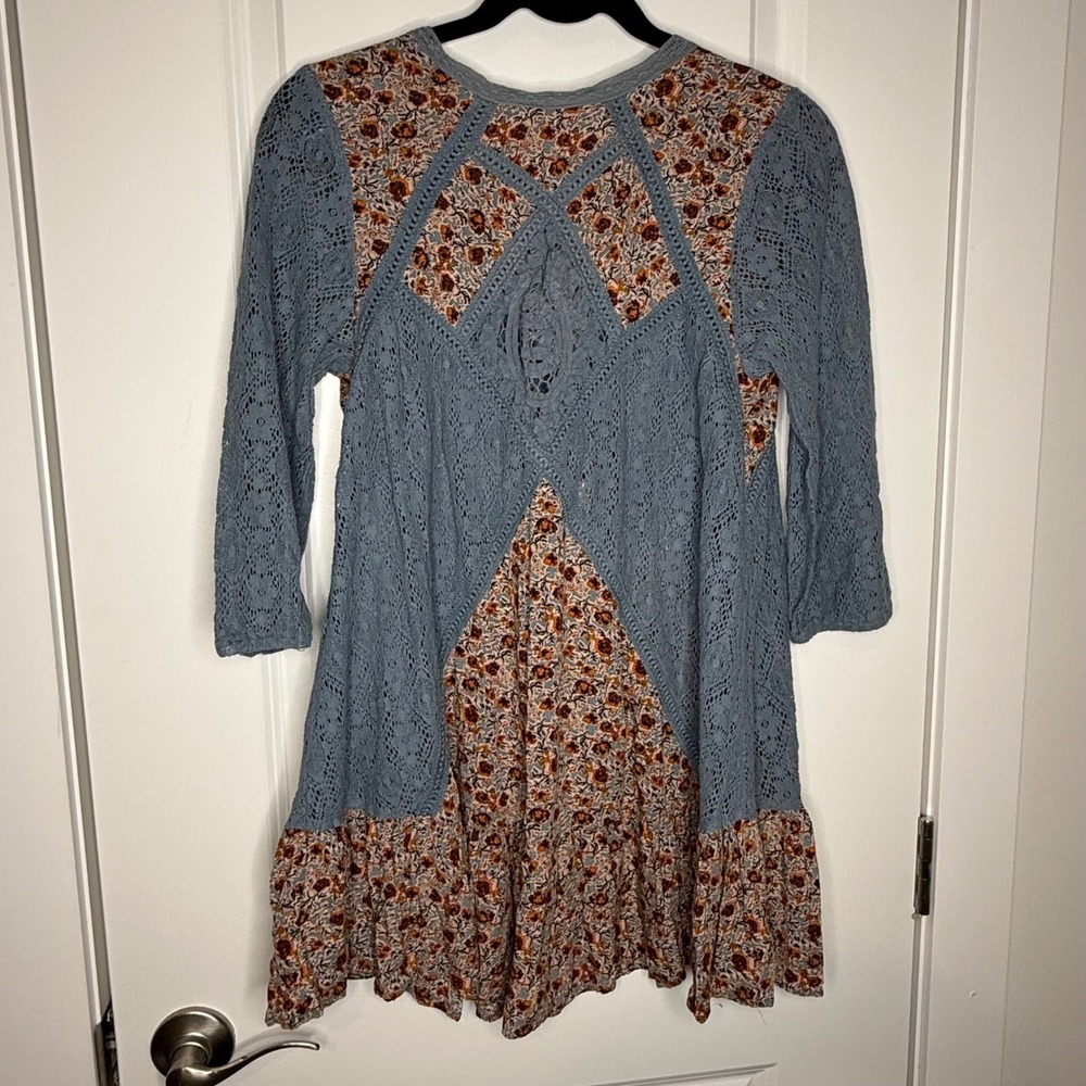 Umgee Floral Lace Boho Tunic Dress Blue Orange 3/4 Sleeve Keyhole Back Medium